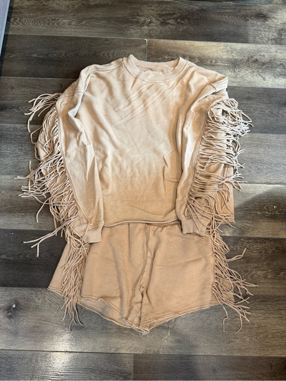 Aerie Light Brown Fringe Sleeve Crewneck Sweatshirt and Shorts Set